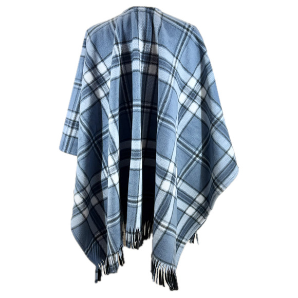 Martha Stewart Poncho One Size Blue Plaid Reversible Cape Open Front Shawl Ruana - Picture 3 of 11